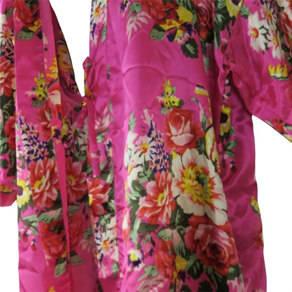 New Ms Lovely Hot Pink Floral Satin Kimono Robe M/L Knee Length Pockets Belted - Picture 15 of 16